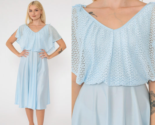 1970s Baby Blue Crochet Capelet Midi Dress High Waist Split Sleeve Extra Small