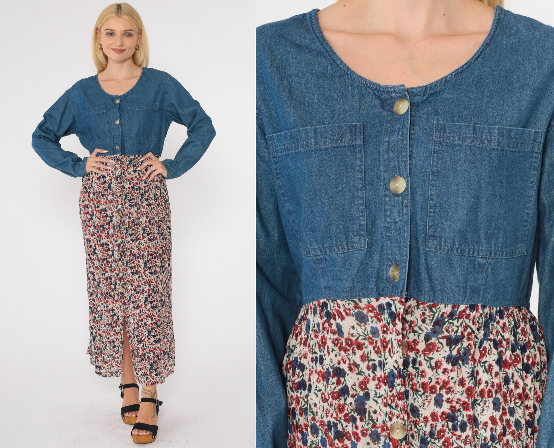 90s Access Floral Denim Maxi Dress Blue Chambray Button-Up High Waist Large