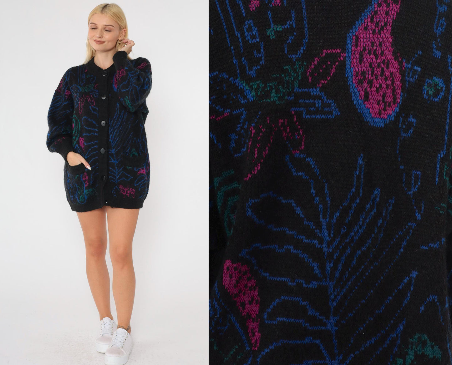 80s Paisley Cardigan Sweater Black Floral Abstract Wool Blend Button Up Medium