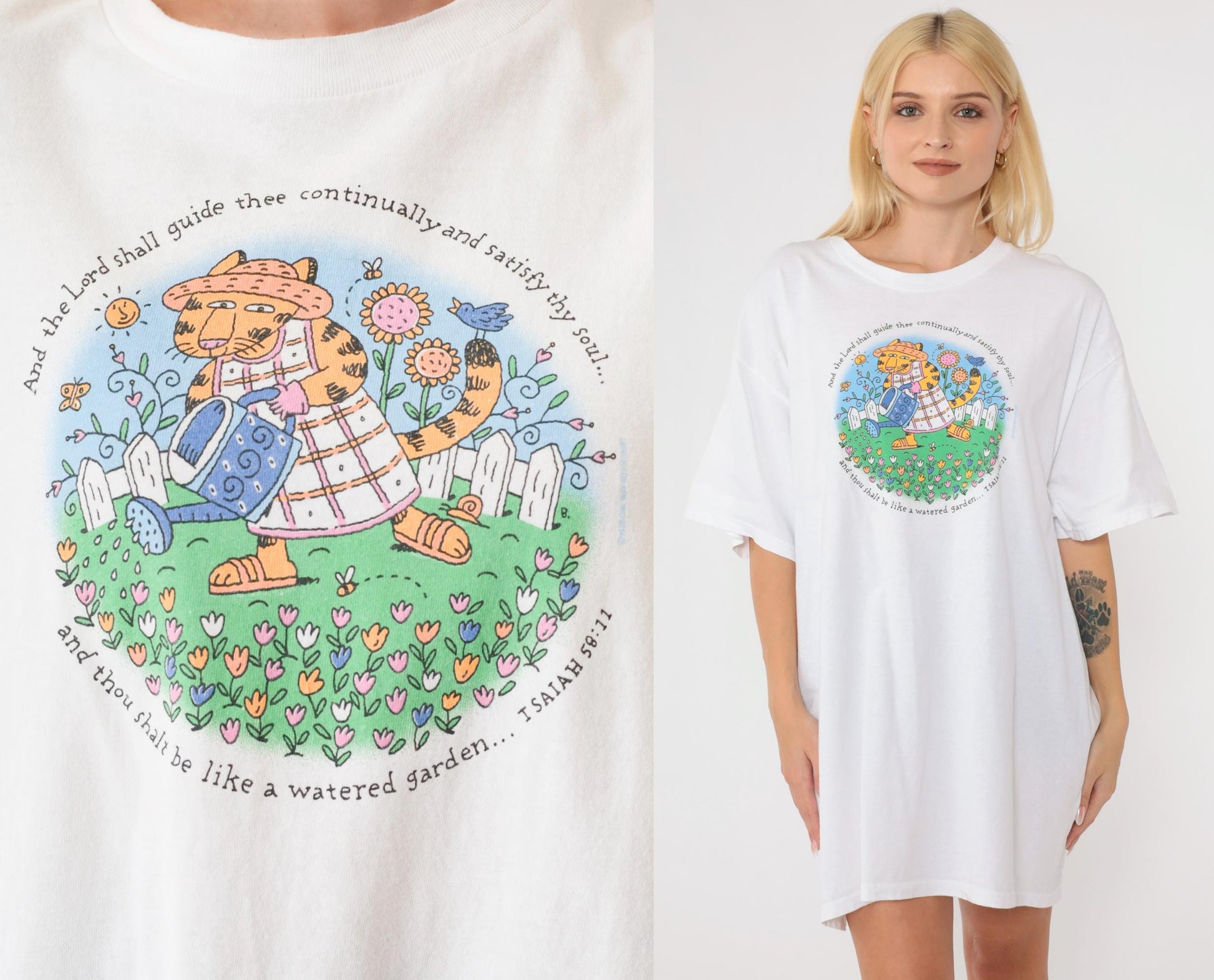 90s Christian T-Shirt Cat Watering Flowers Isaiah 58:11 Graphic Tee Extra Large XL