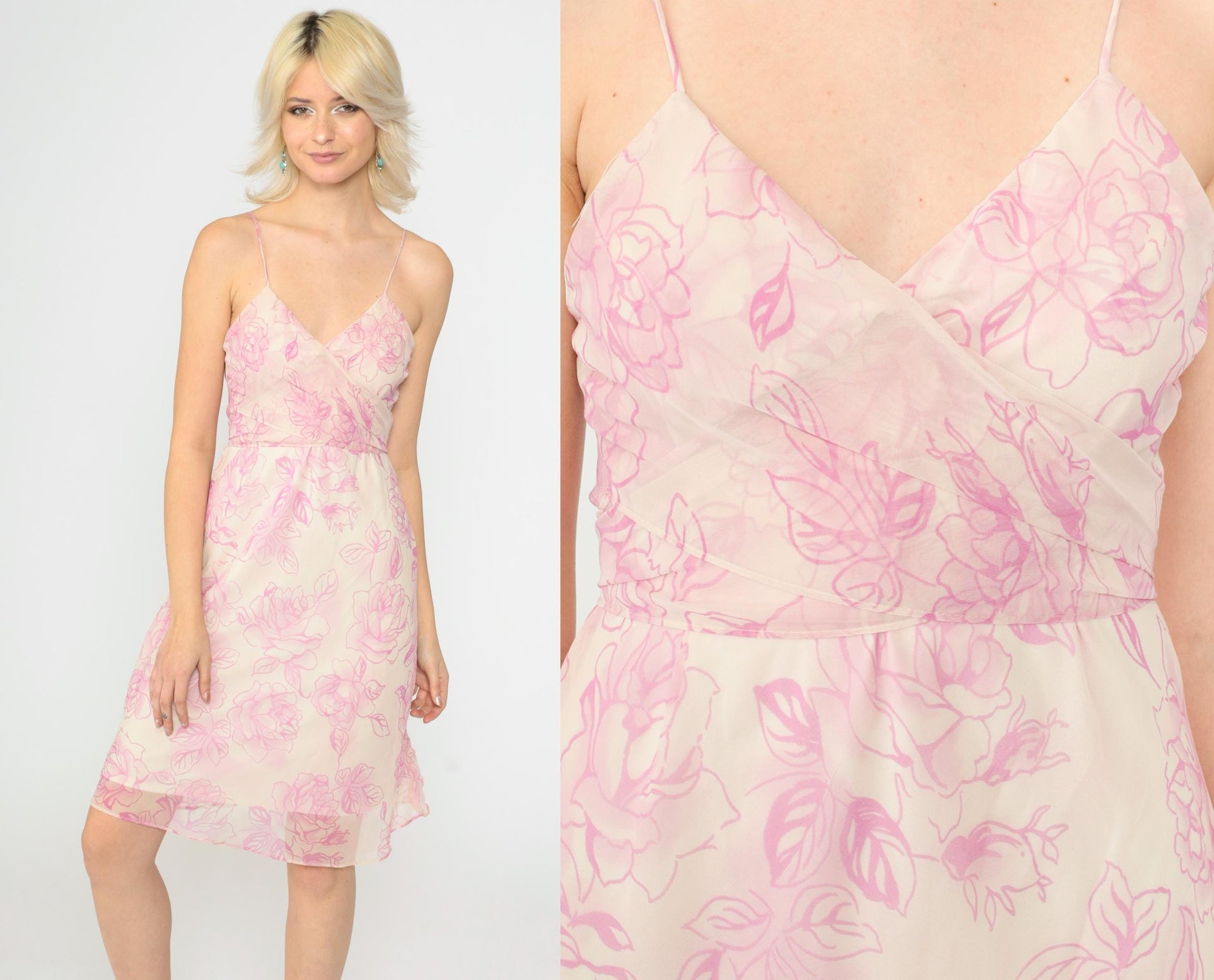90s Y2K Cream Pink Floral Chiffon Midi Dress Surplice V Neck Spaghetti Strap Small