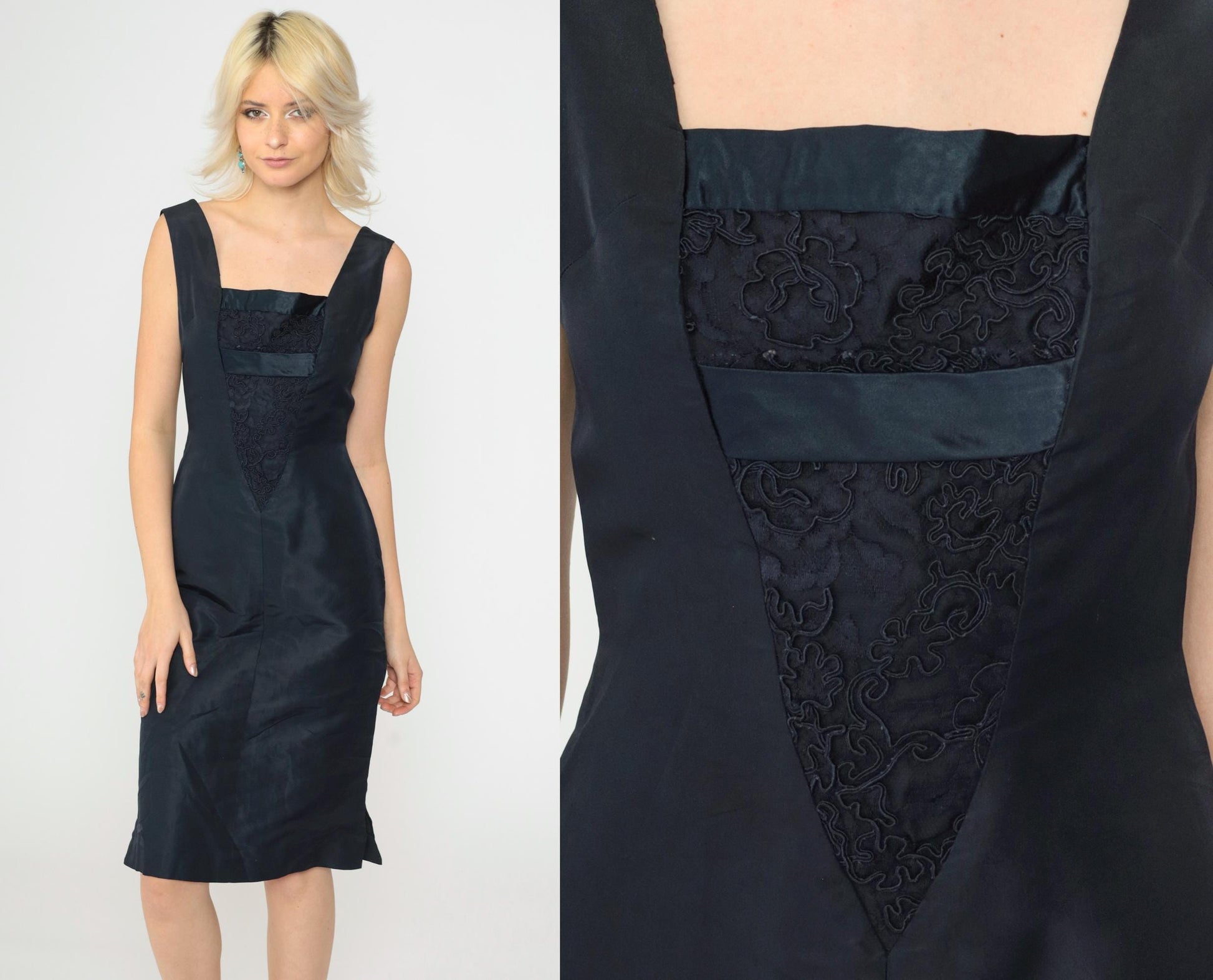 1950s Navy Cocktail Dress Soutache Lace Square Neckline Bow Back Knee-Length Extra Small