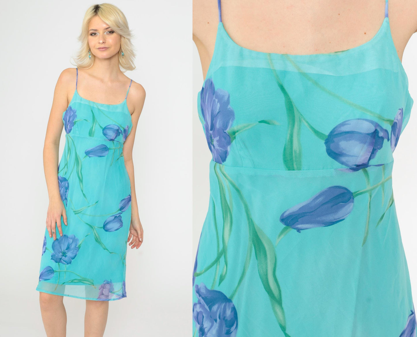 90s Turquoise Floral Chiffon Midi Dress Spaghetti Strap Empire Waist Small