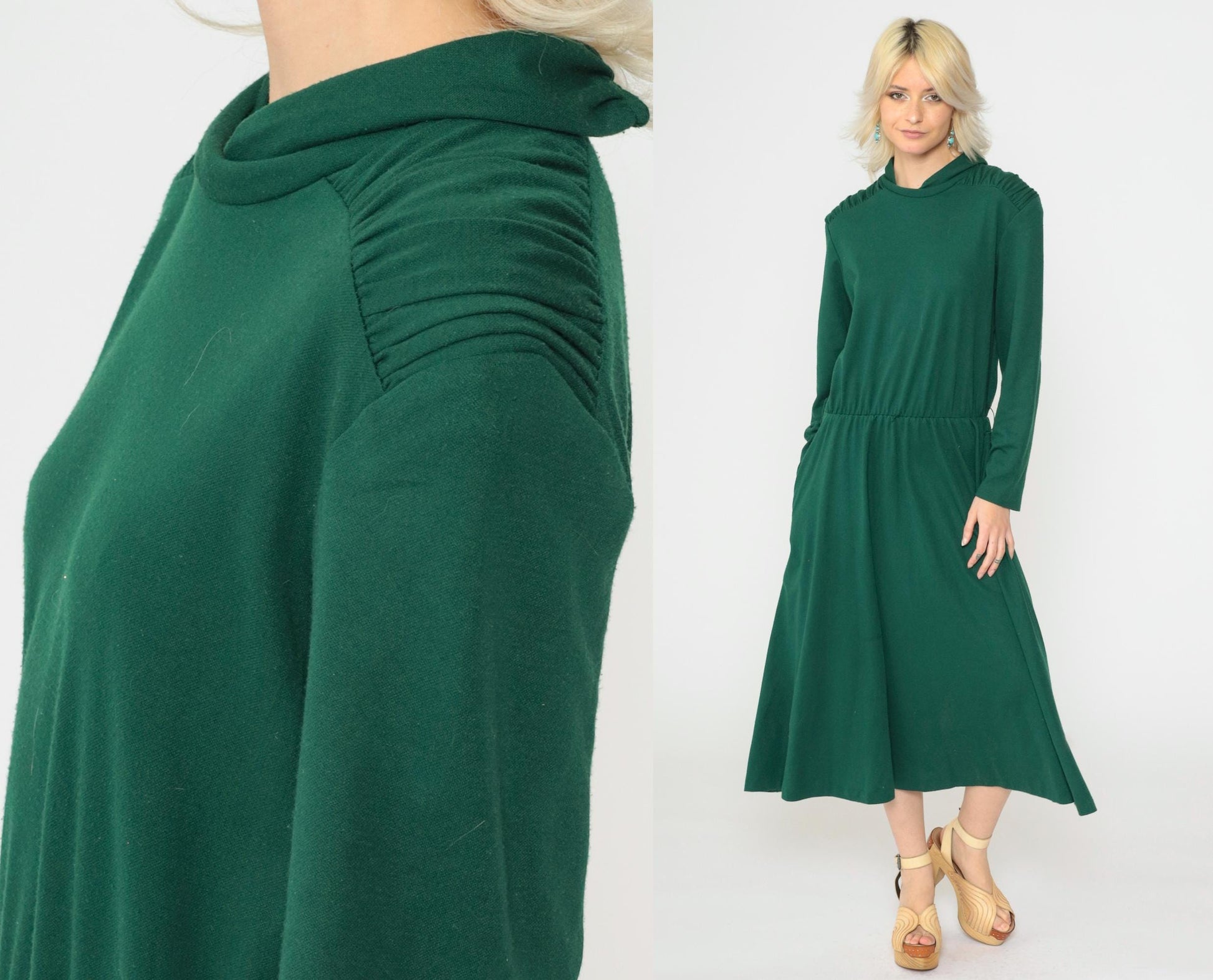 80s Green Midi Dress Mock Neck Long Sleeve Elastic Waist Medium
