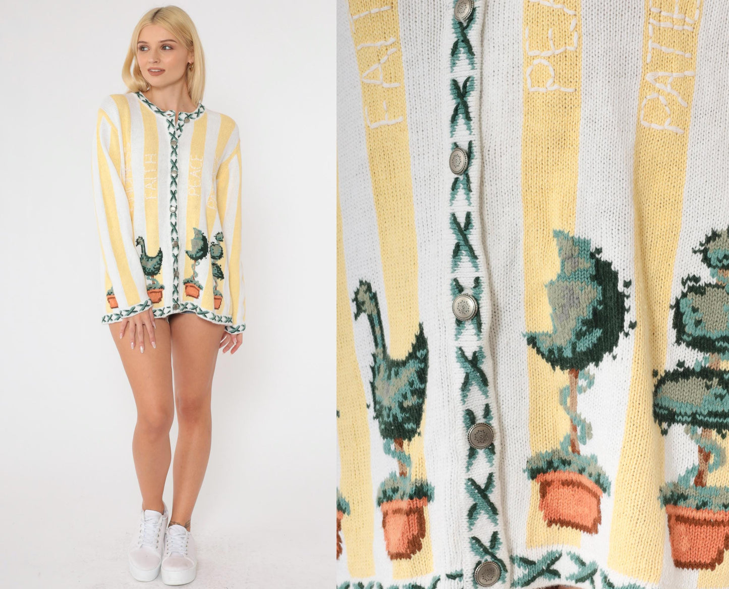90s Quacker Factory Cardigan Yellow White Striped Topiary Cotton Medium