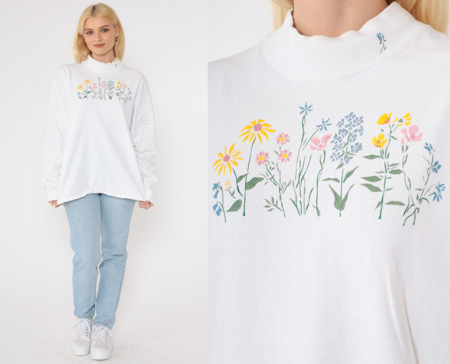 Y2K Wildflower Graphic Mock Neck Long Sleeve Tee White Cotton Large L