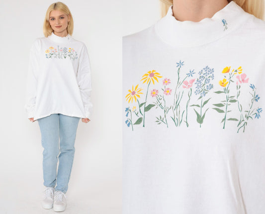 Y2K Wildflower Graphic Mock Neck Long Sleeve Tee White Cotton Large L