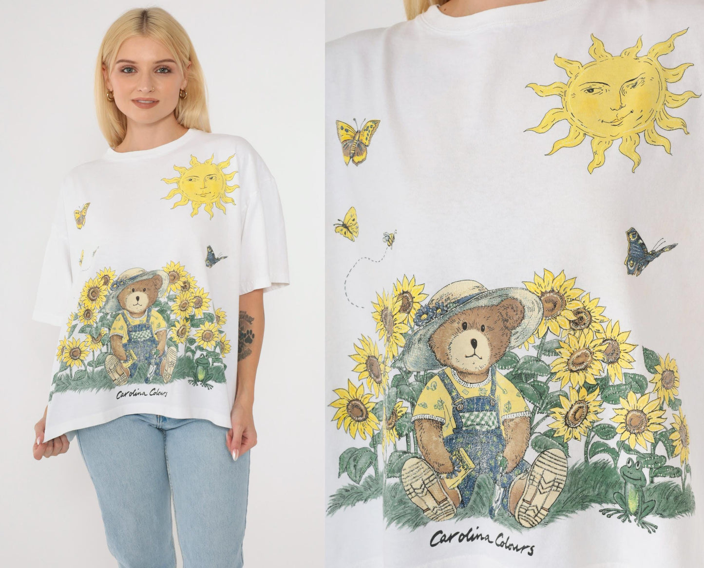 90s Carolina Colours Floral Teddy Bear T-Shirt Sunflower Butterfly Graphic Cotton Large