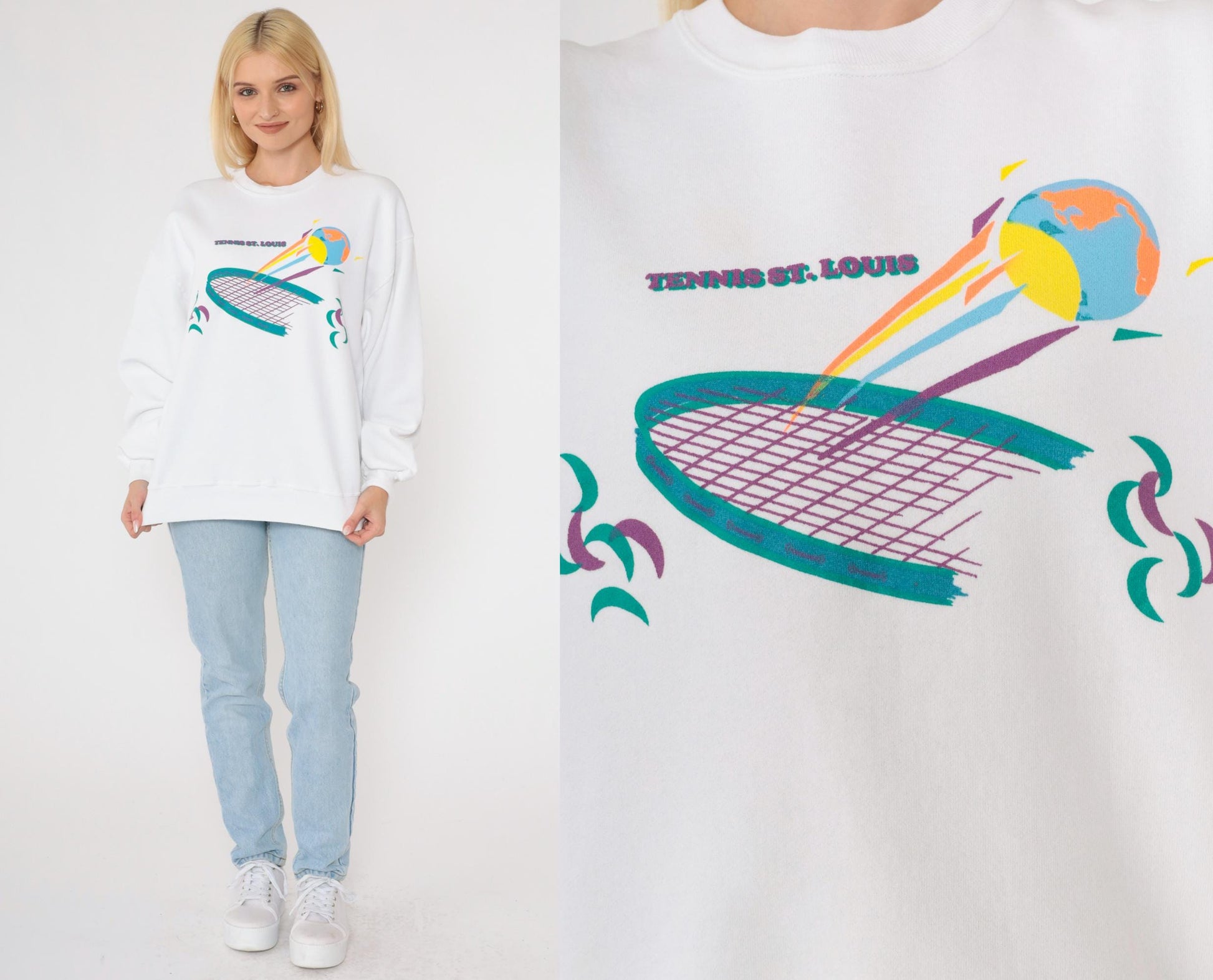 90s Jerzees Tennis St. Louis Graphic Sweatshirt White Crewneck Large