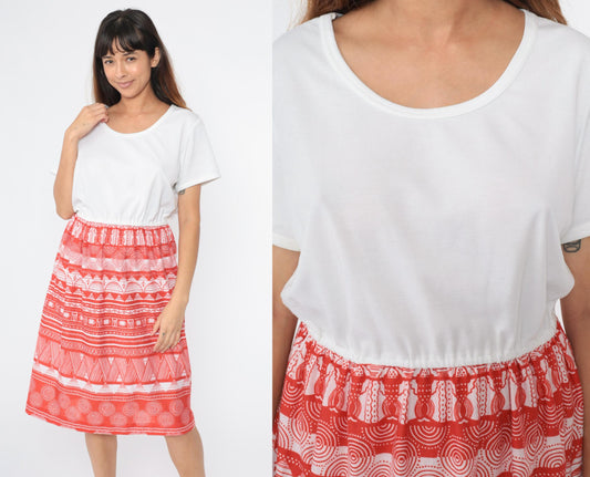 70s Flair of Miami Midi Dress White Red Geometric Print Elastic Waist Medium