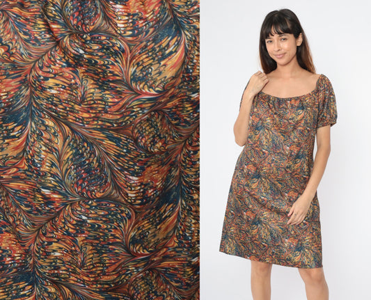 70s Psychedelic Feather Print Shift Dress Elastic Neckline Knee Length Large
