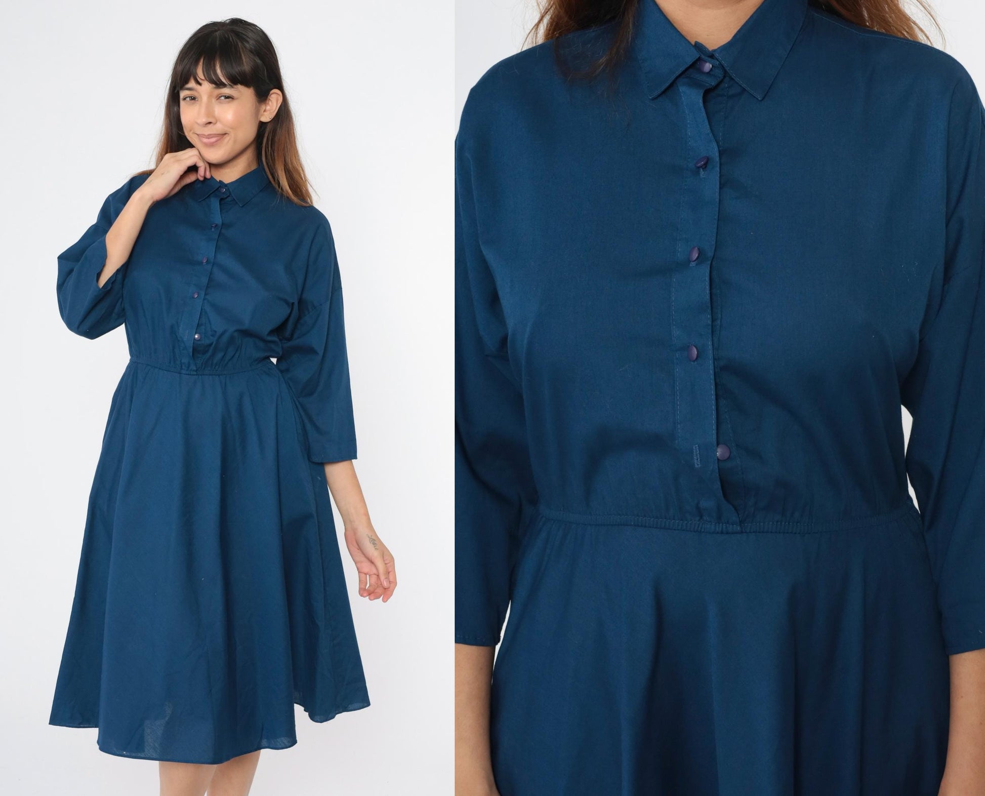 80s The American Shirt Dress Navy Blue Button-Up Midi Collared Small Medium