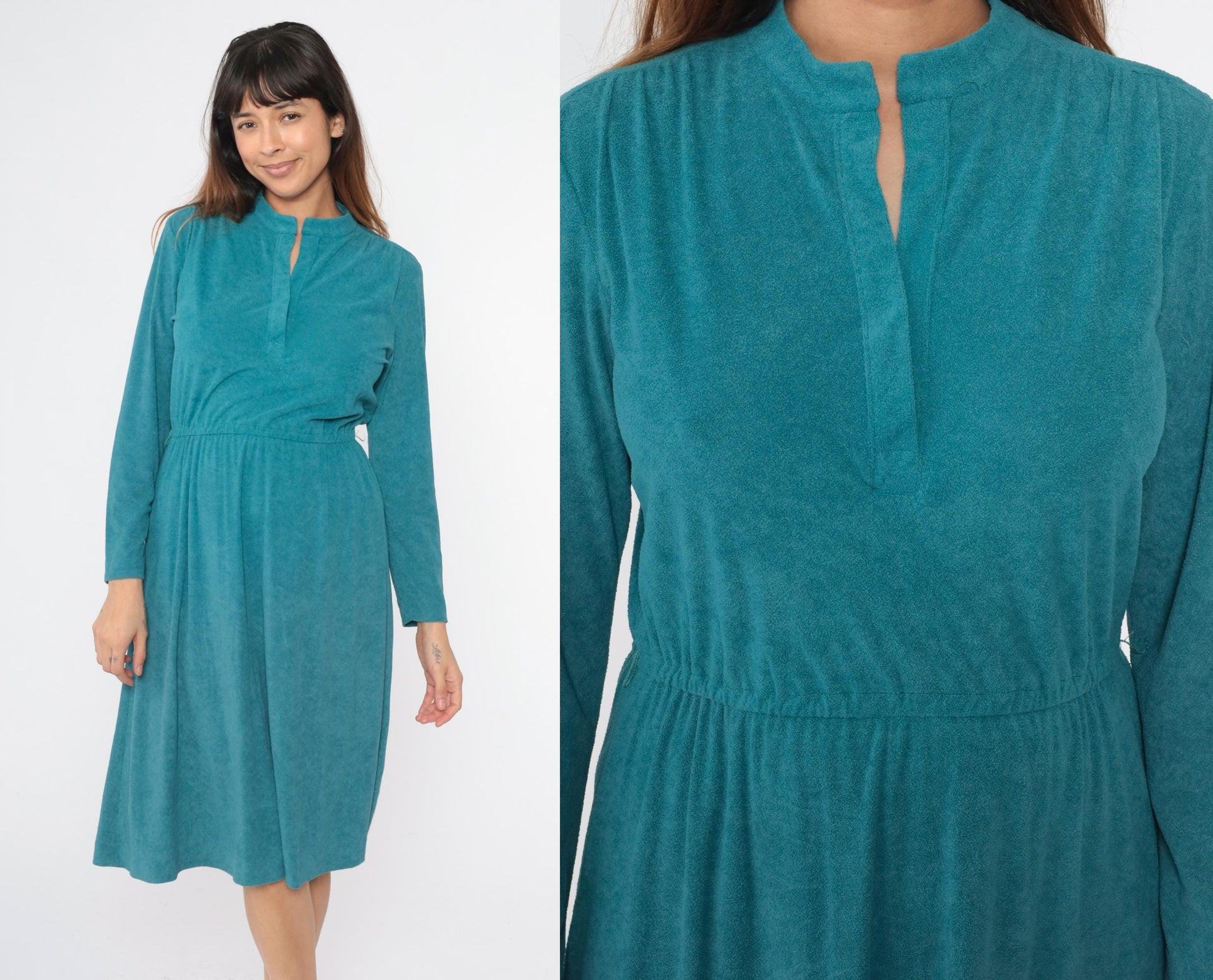 80s Teal Terry Cloth Midi Dress Mandarin Collar High Waist Long Sleeve Small