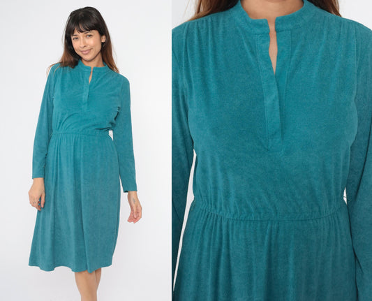 80s Teal Terry Cloth Midi Dress Mandarin Collar High Waist Long Sleeve Small