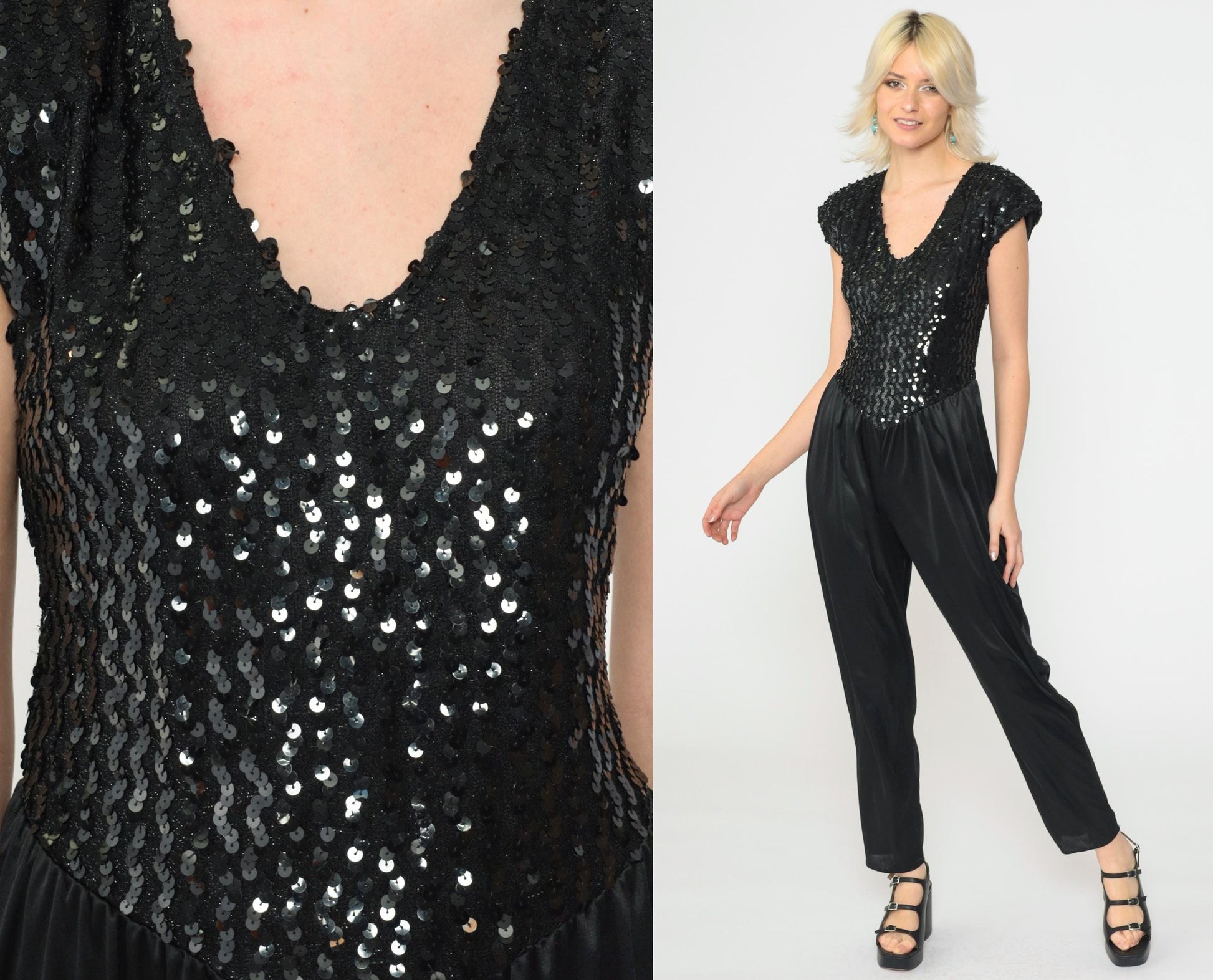 80s Black Sequin Jumpsuit Disco Keyhole Open Back Cap Sleeve Small