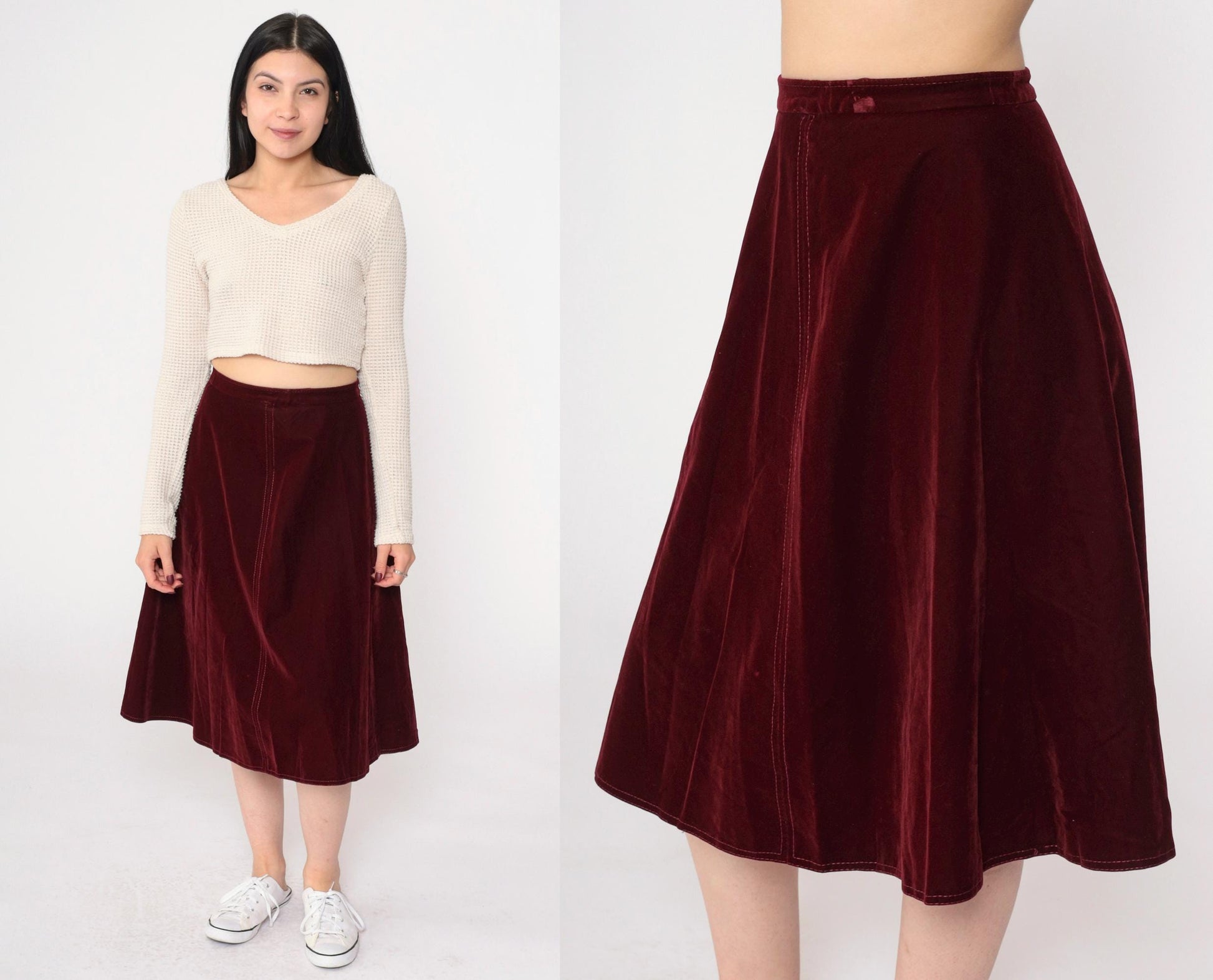 70s Burgundy Velvet Midi Skirt A-Line High Waisted Small
