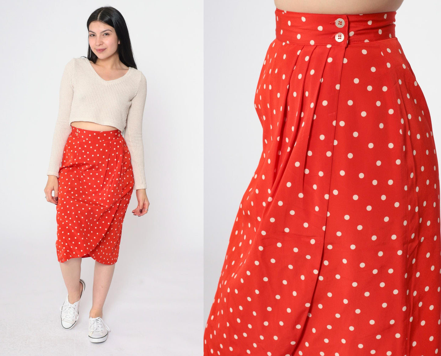 90s Liz Claiborne Polka Dot Tulip Wrap Midi Skirt Red Extra Small