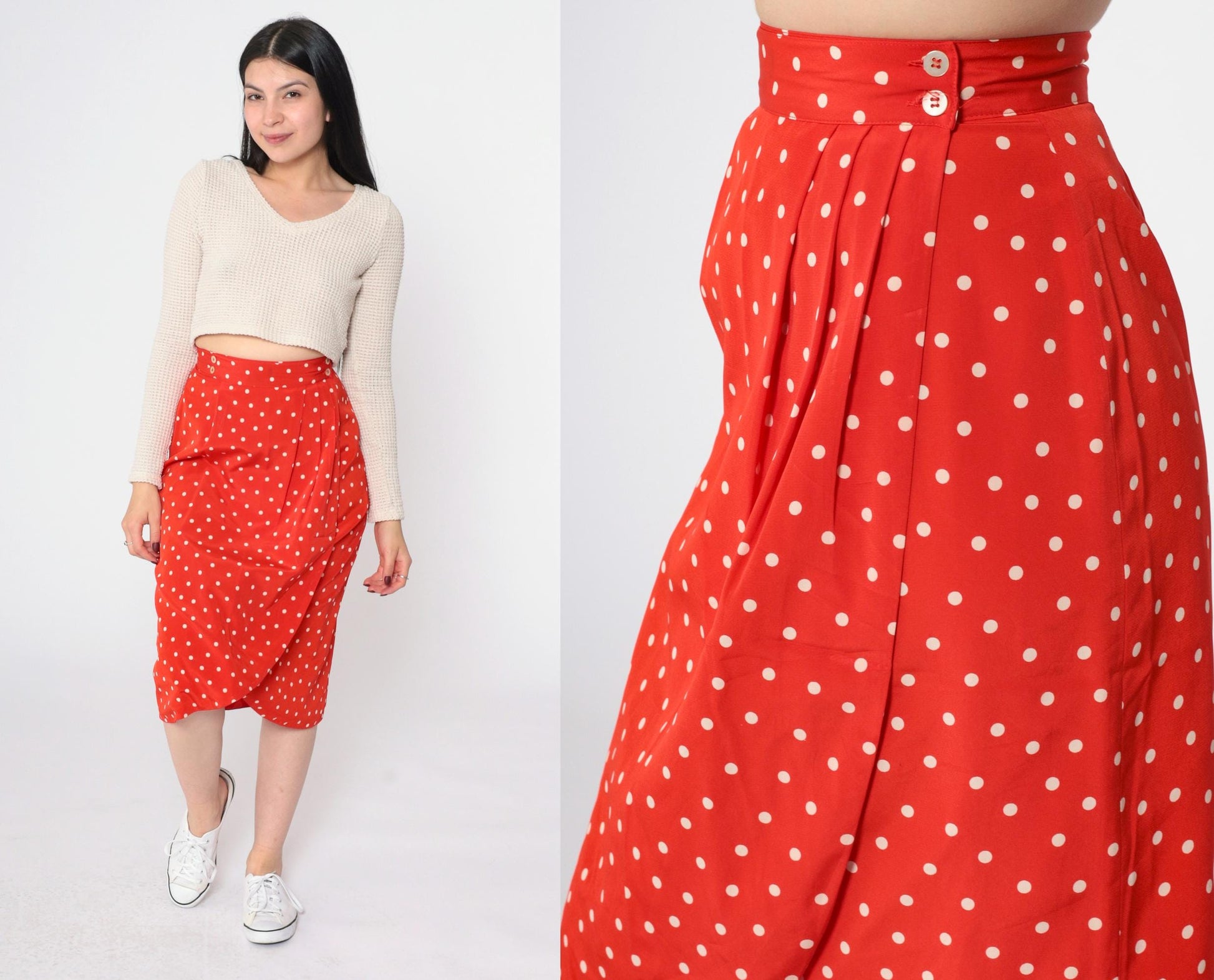 90s Liz Claiborne Polka Dot Tulip Wrap Midi Skirt Red Extra Small