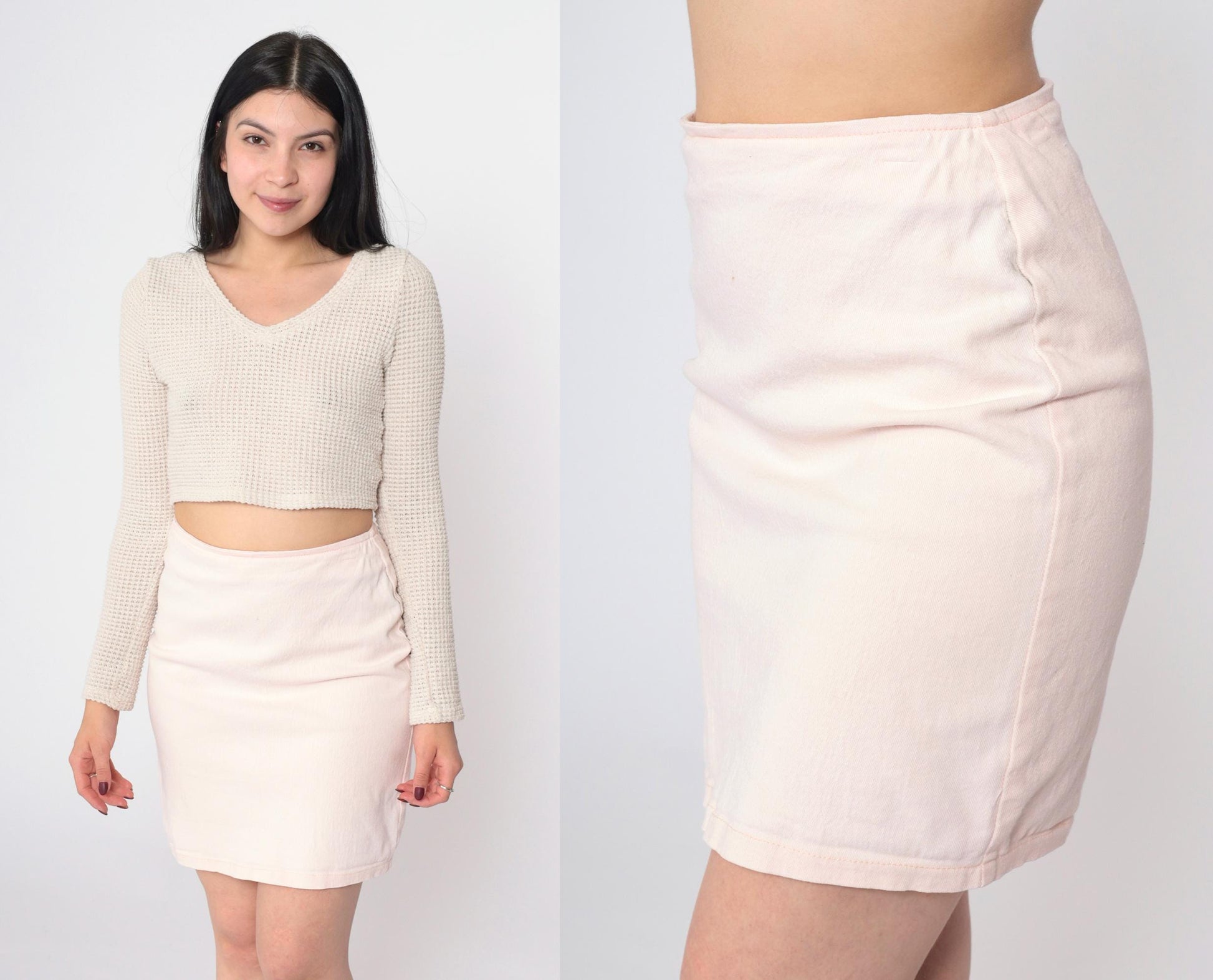 90s Baby Pink Denim Mini Skirt High Waisted Bodycon Jean Skirt Medium