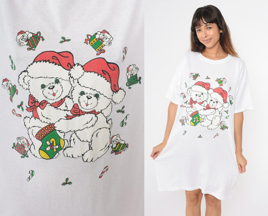 90s Christmas Teddy Bear Graphic T-Shirt Dress White Mini One Size