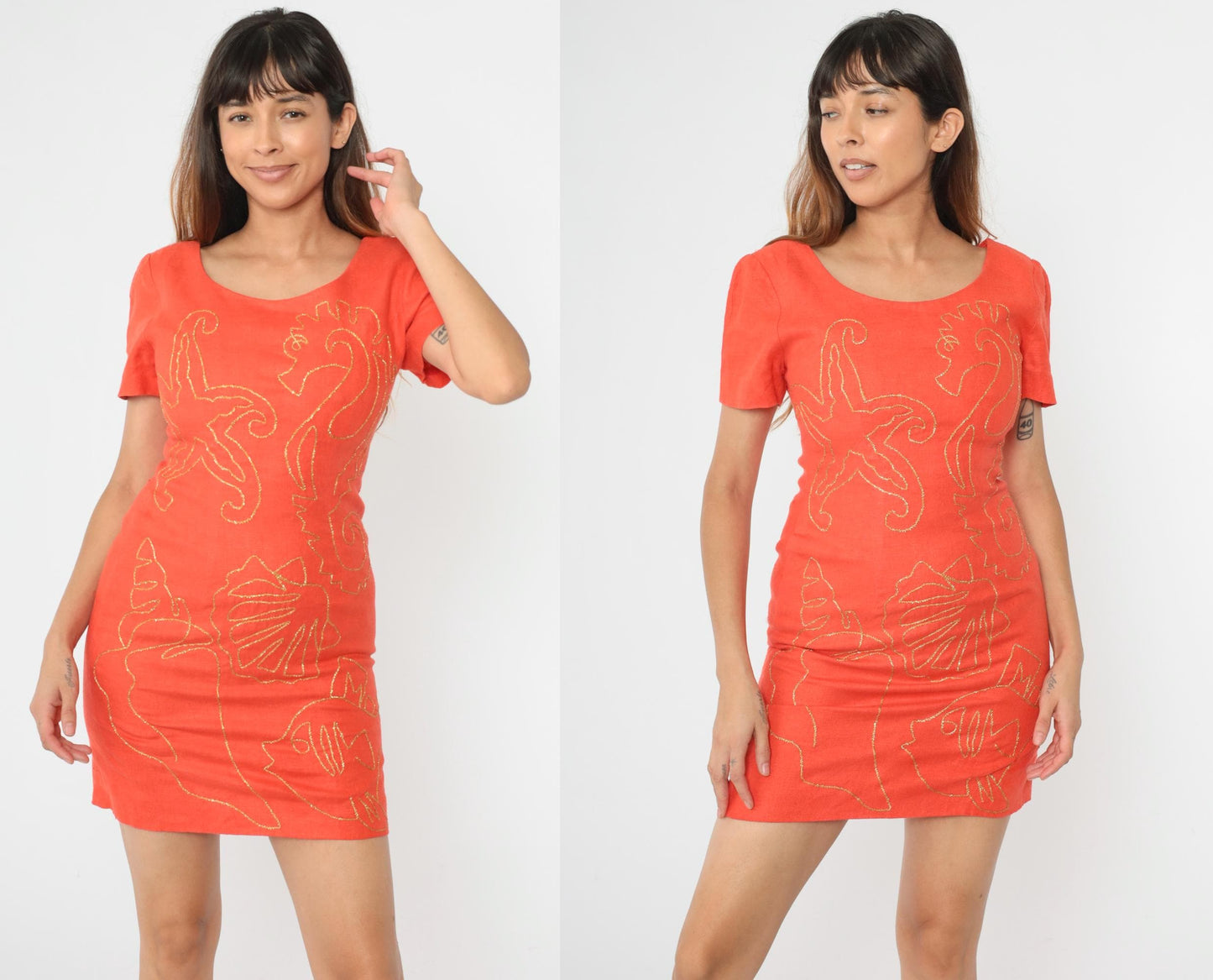 90s SantaFe by Jim Tremblay Linen Mini Dress Orange Sea Life Embroidery Small