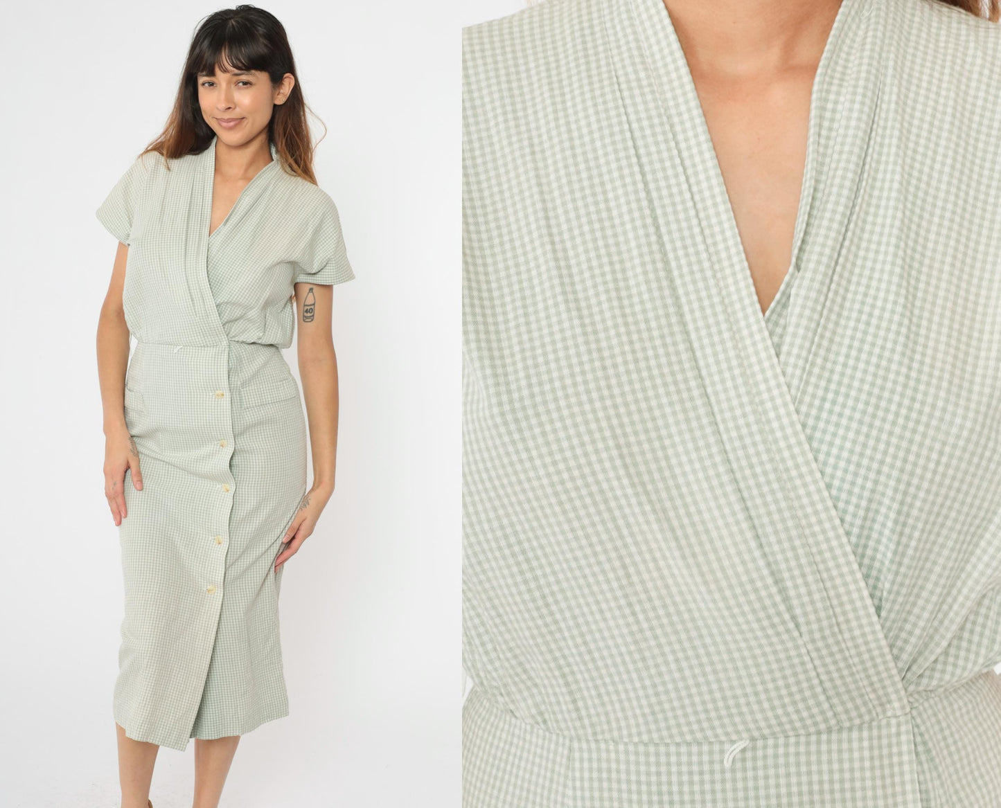 90s Cynthia Howe Gingham Shirtdress Sage Green Midi High Waist Small