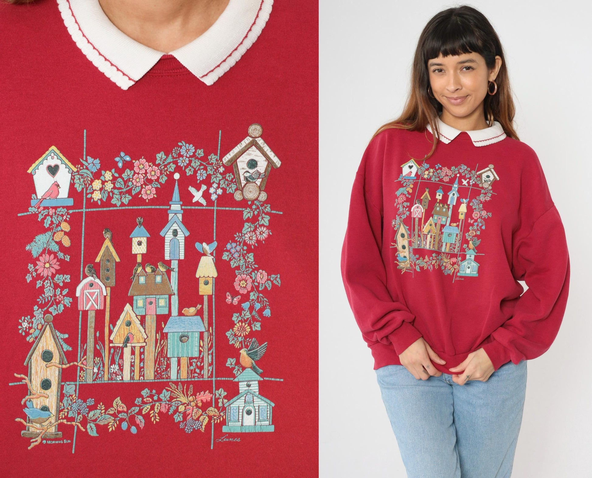 90s Morning Sun Red Birdhouse Collared Sweatshirt Graphic Jumper Extra Large