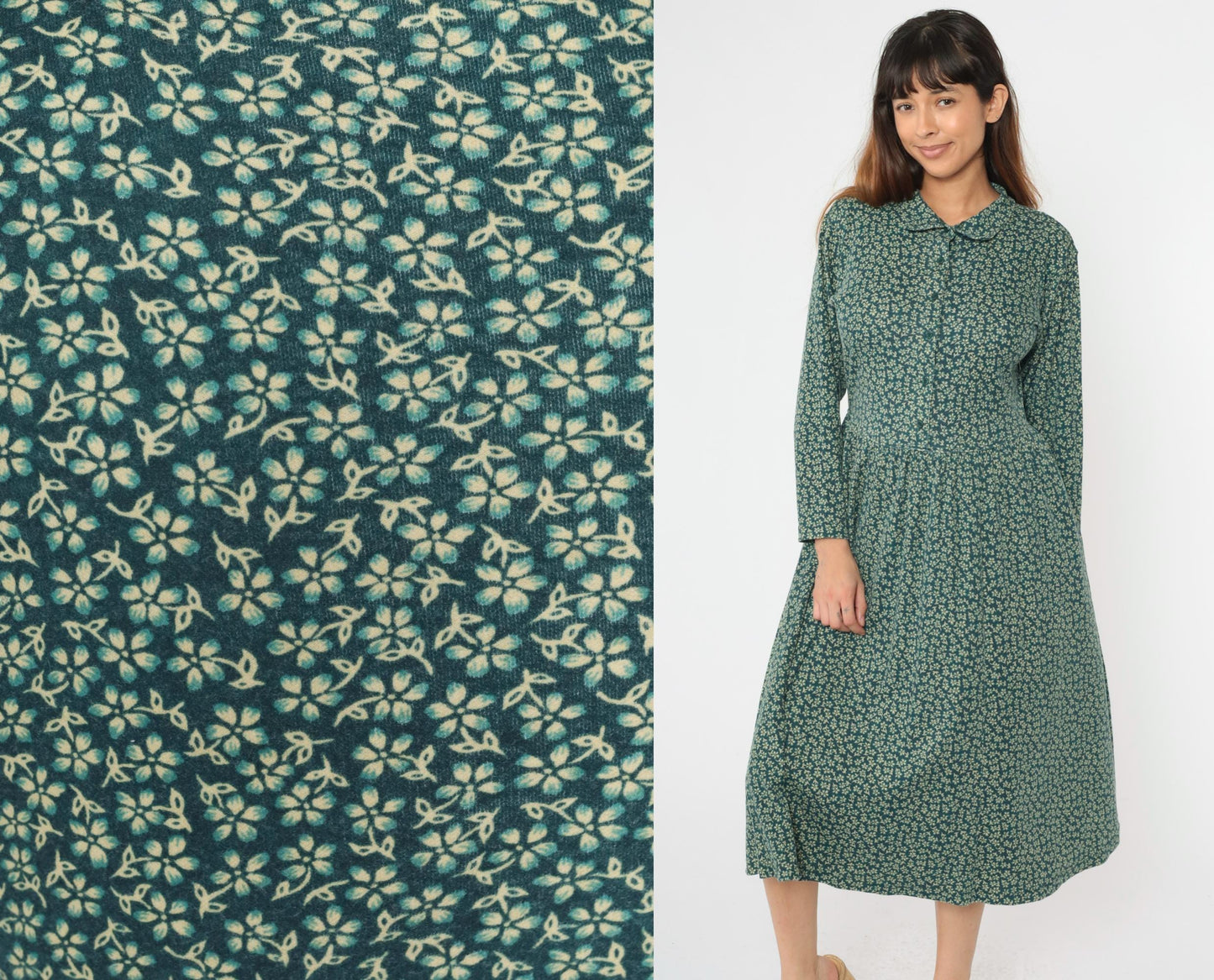 90s L.L. Bean Floral Midi Shirt Dress Green Button-Up Long Sleeve Medium