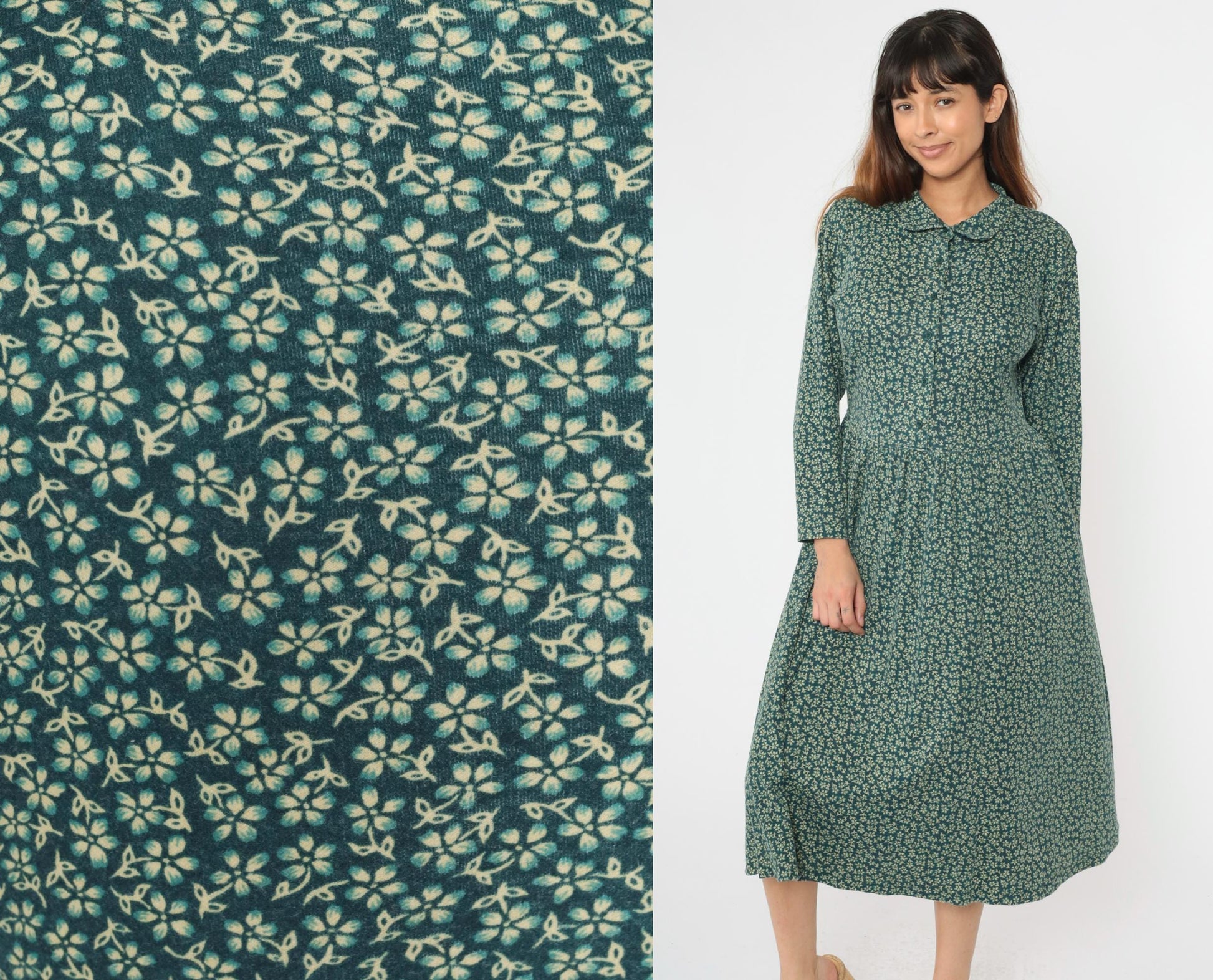 90s L.L. Bean Floral Midi Shirt Dress Green Button-Up Long Sleeve Medium