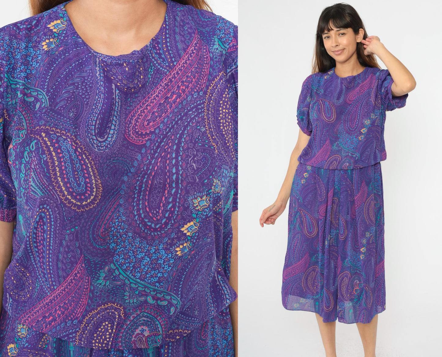 80s Purple Paisley Midi Dress Puff Sleeve High Waist Blouson Medium Large