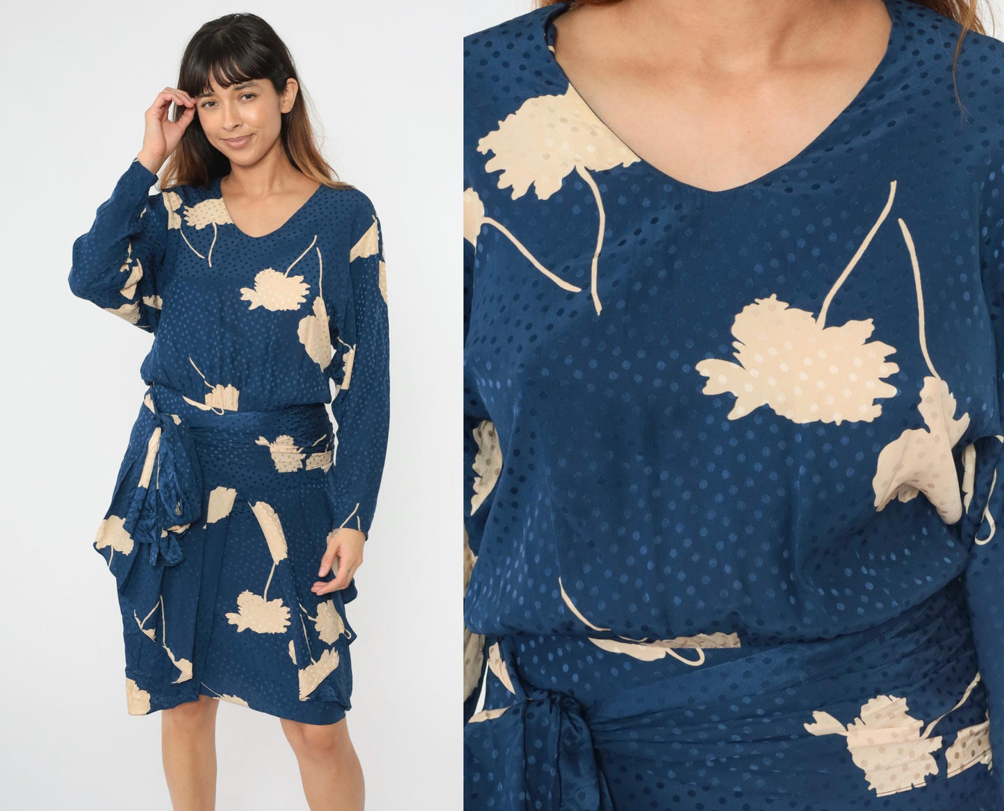 80s Liancarlo Per Cache Silk Midi Dress Navy Floral Peplum Small 4