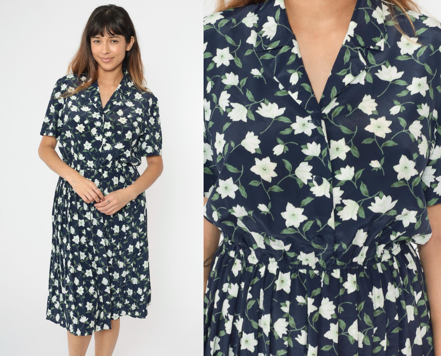 90s Leslie Fay Navy Floral Midi Shirtdress Button-Up Pleated Medium