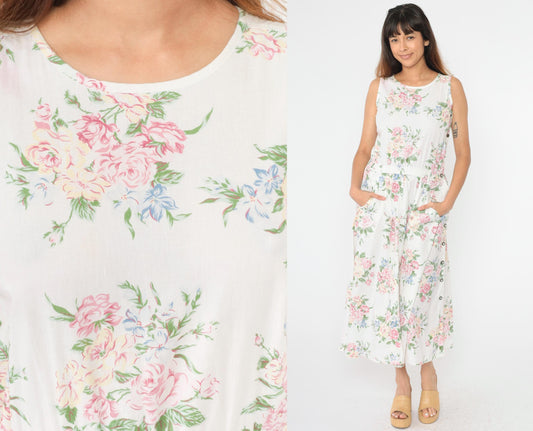 90s Liz Wear Floral Midi Dress White Pastel High Waist Sleeveless Small Petite