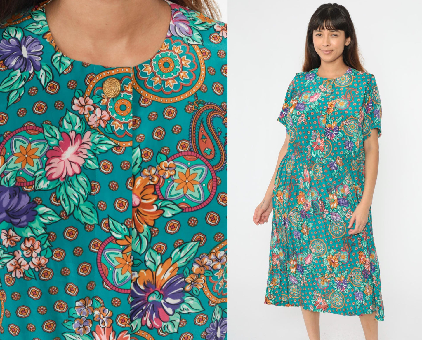 80s Turquoise Paisley Floral Midi Shirtdress Leslie Fay Button Front Pleated Medium Petite