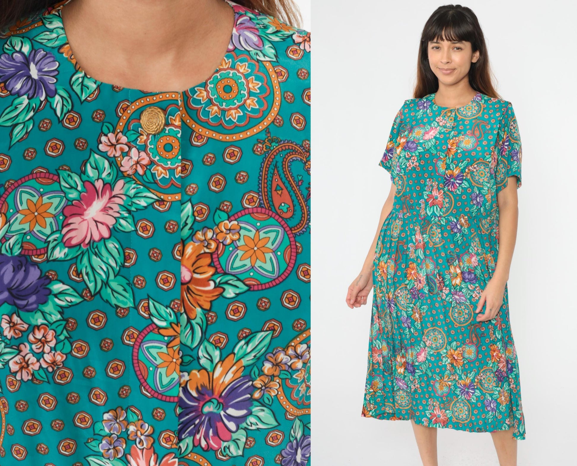 80s Turquoise Paisley Floral Midi Shirtdress Leslie Fay Button Front Pleated Medium Petite