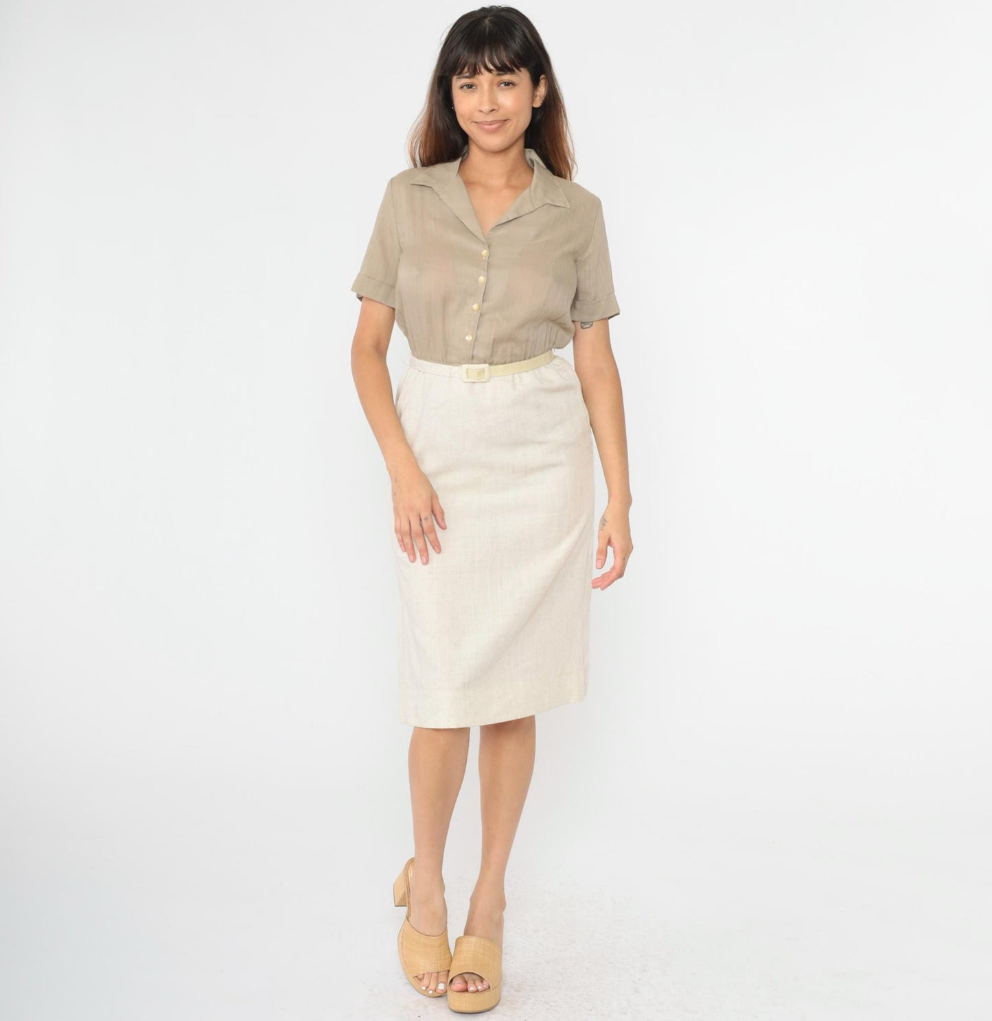 80s Taupe Button-Up Midi Shirtdress High-Waisted Cream Pencil Skirt Small