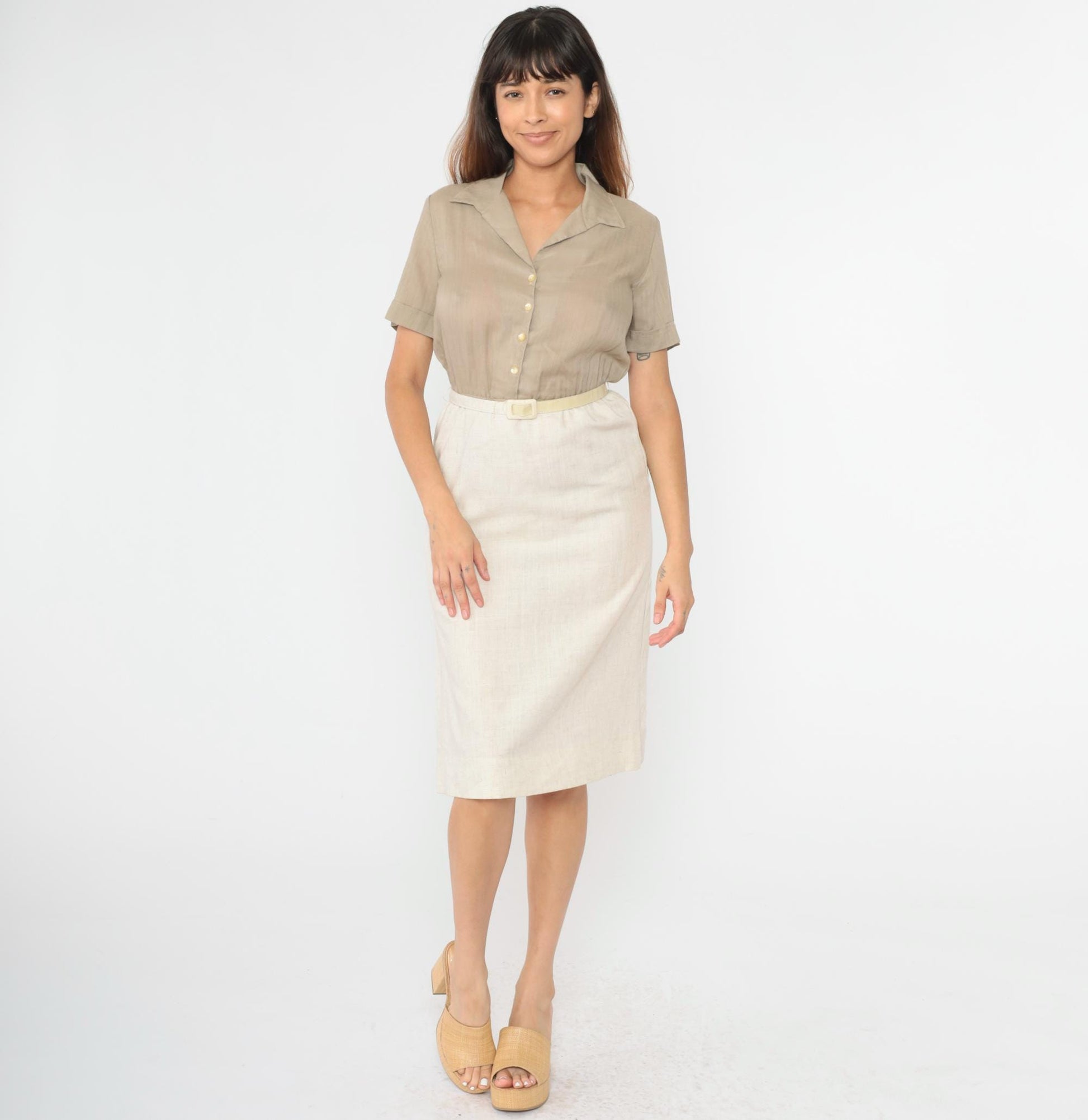 80s Taupe Button-Up Midi Shirtdress High-Waisted Cream Pencil Skirt Small