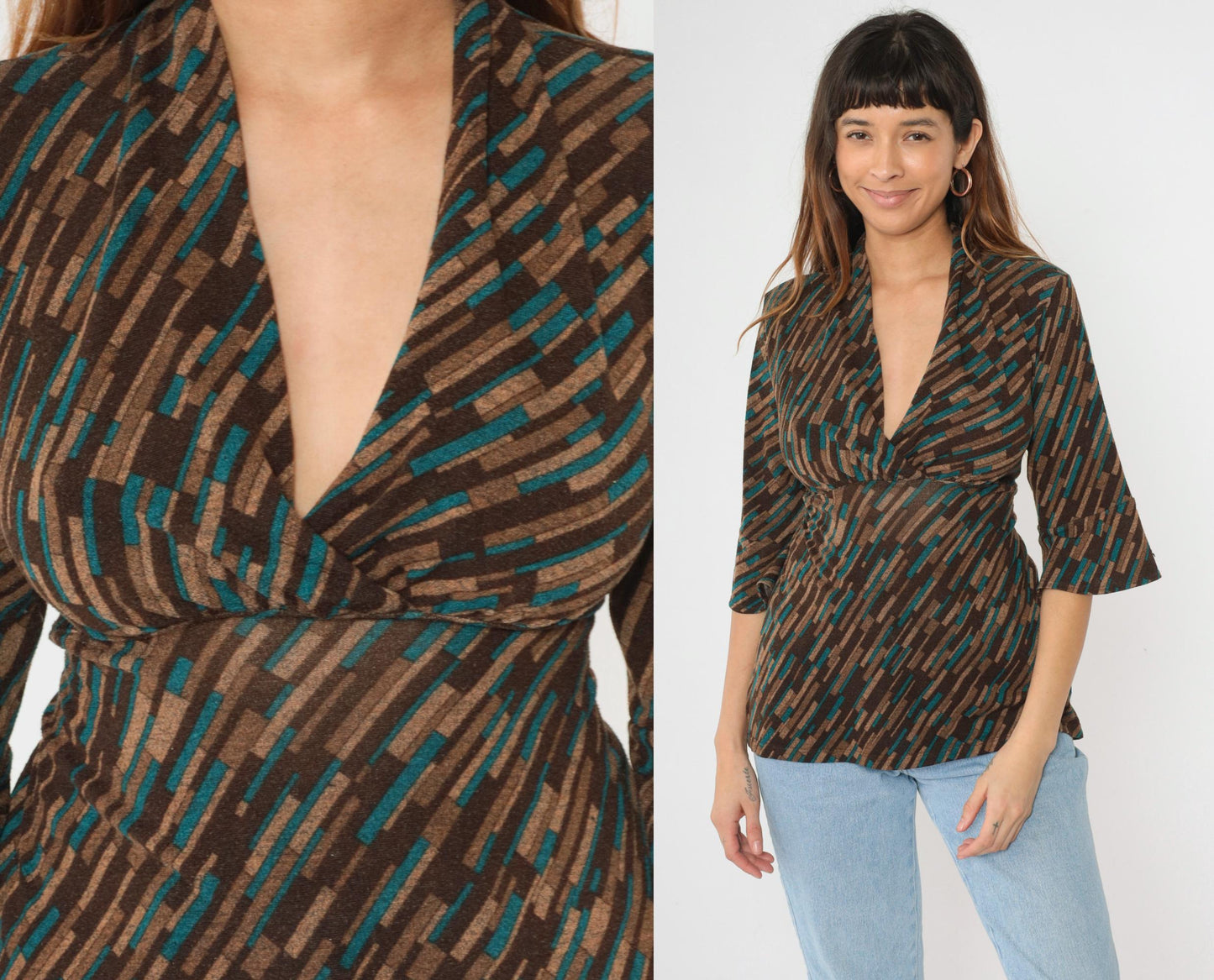 Y2K Briggs New York Striped Blouse Empire Waist Deep V Neck Brown Teal Large Petite