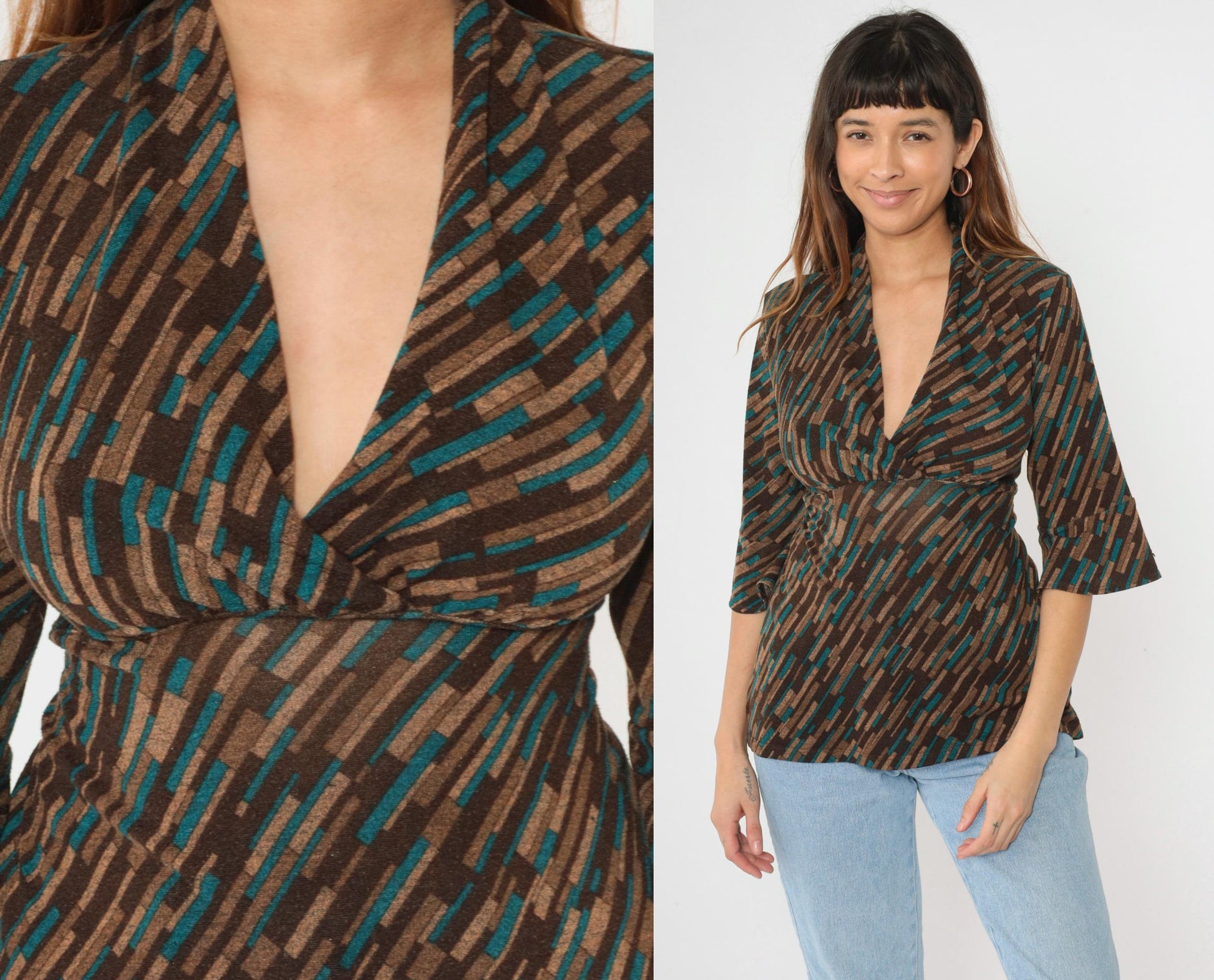Y2K Briggs New York Striped Blouse Empire Waist Deep V Neck Brown Teal Large Petite