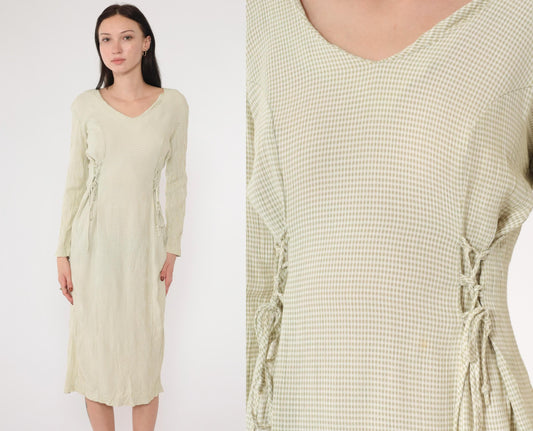 90s Sage Green Gingham Midi Dress Lace-Up Sides Princess Seams Small