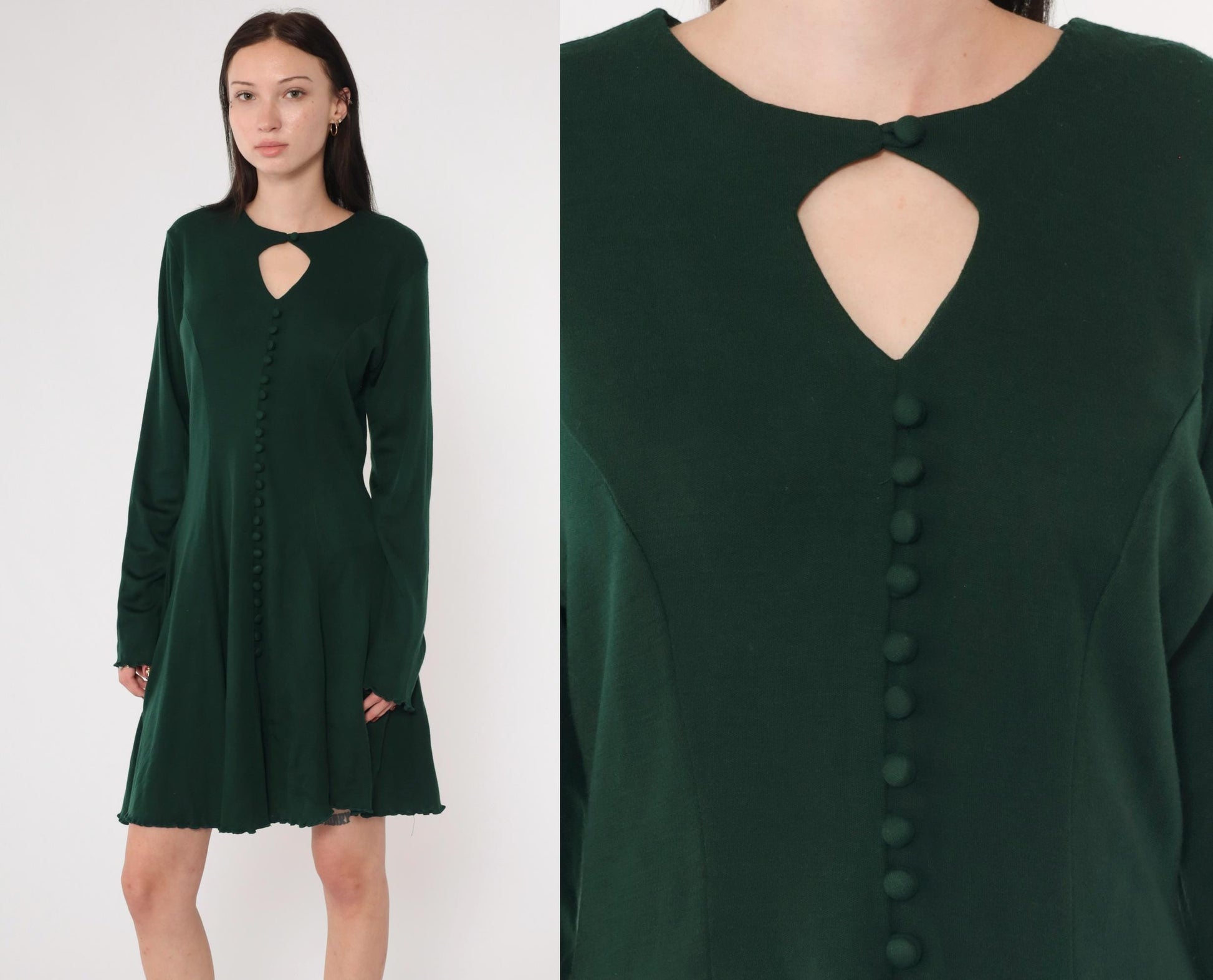 90s Dark Green Keyhole Mini Dress Long Sleeve Button Front A-Line Medium