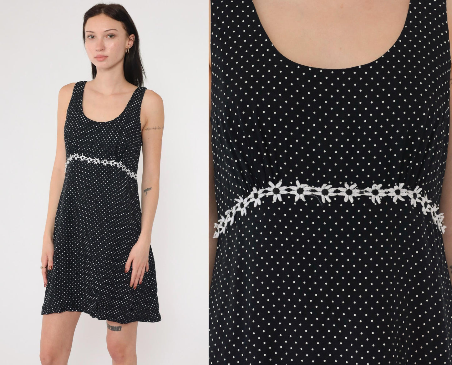90s Black and White Polka Dot Mini Dress Empire Waist Daisy Trim Small