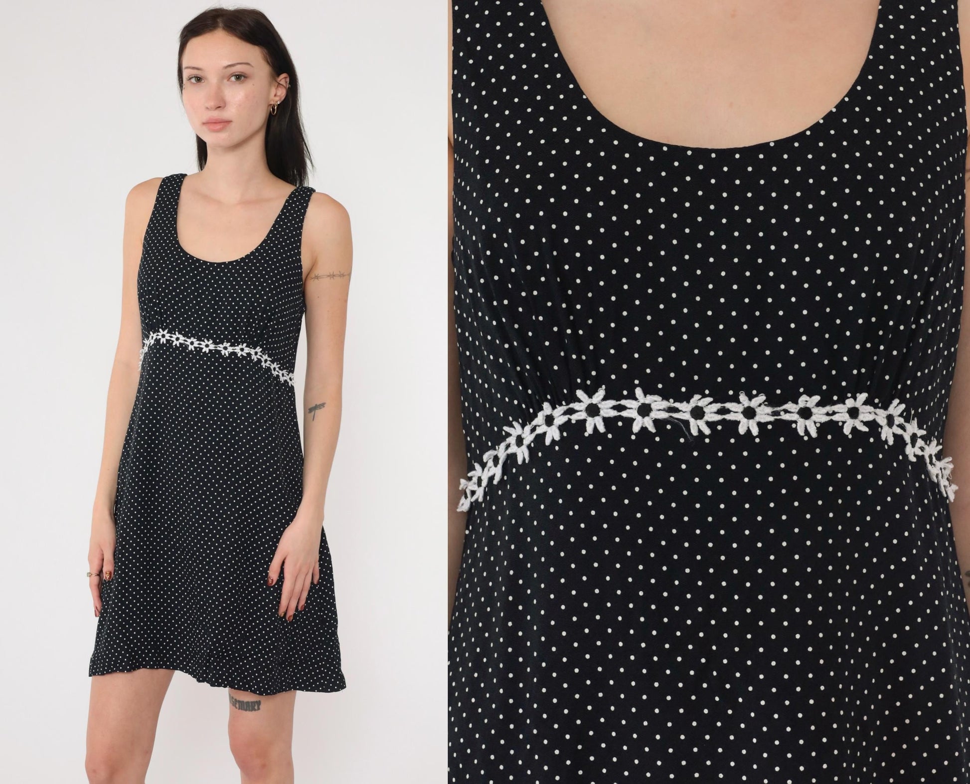 90s Black and White Polka Dot Mini Dress Empire Waist Daisy Trim Small