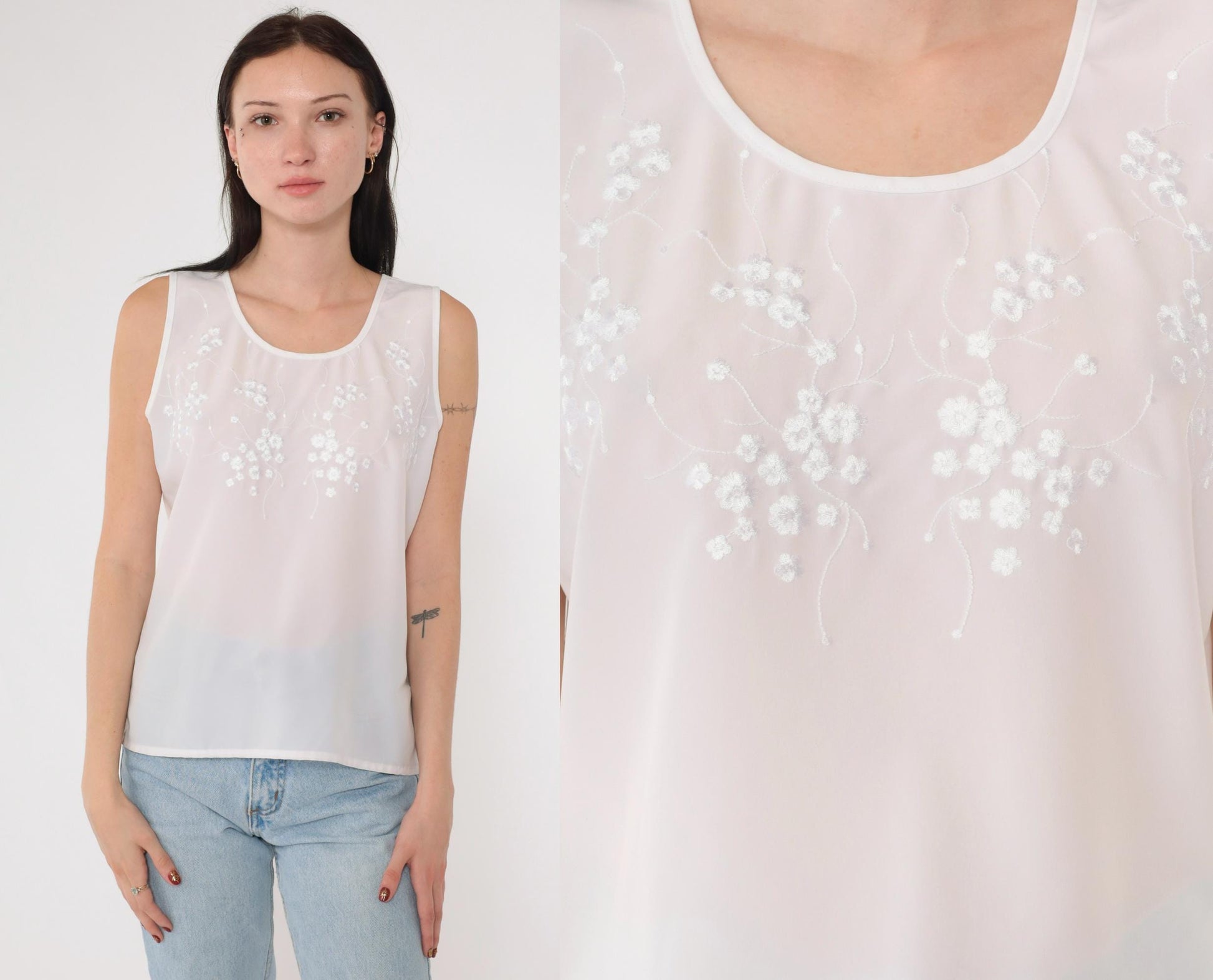 90s Yves St. Clair White Floral Embroidered Tank Top Scoop Neck Petite Medium