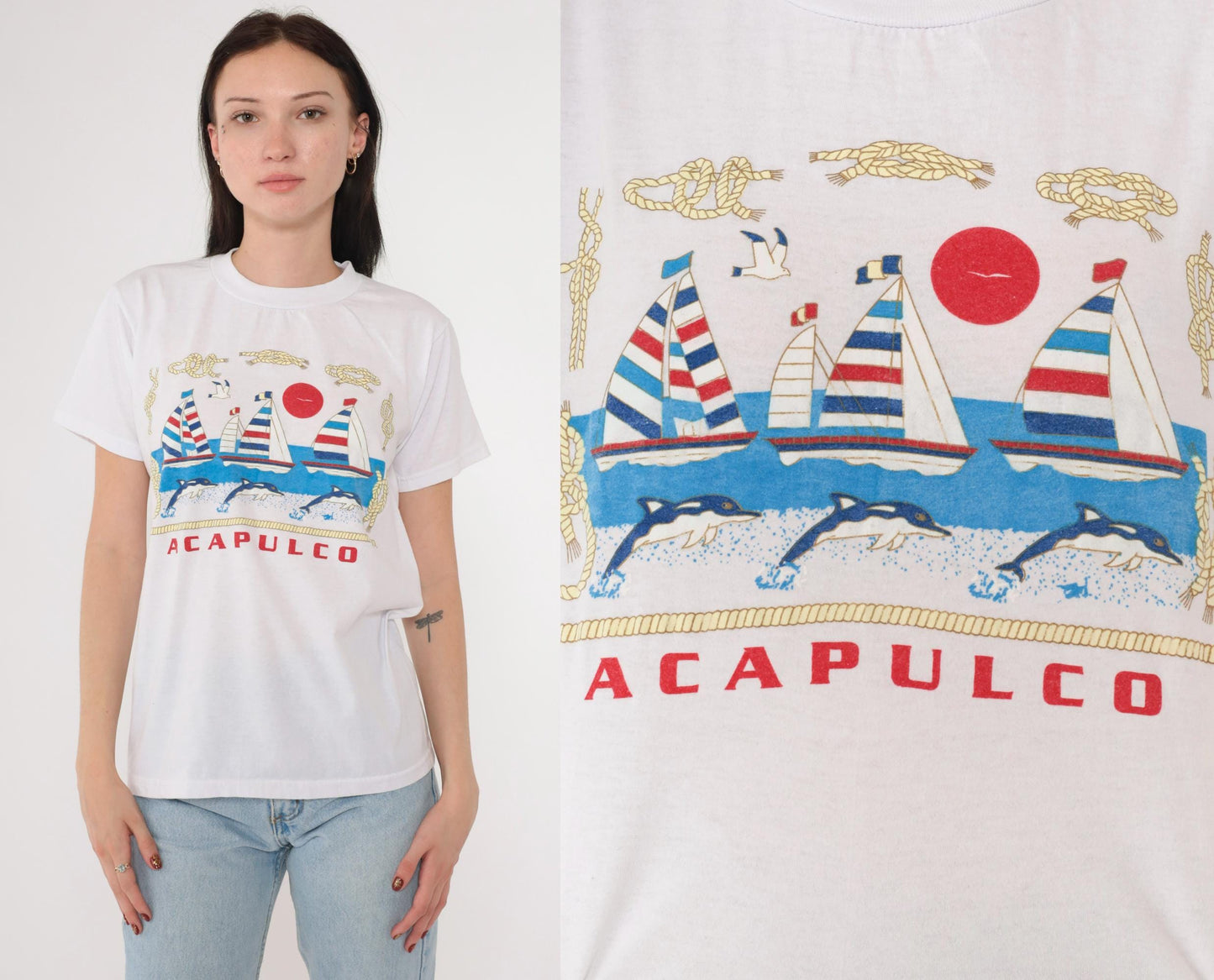 90s Acapulco Mexico Dolphin Nautical Graphic T-Shirt White Medium
