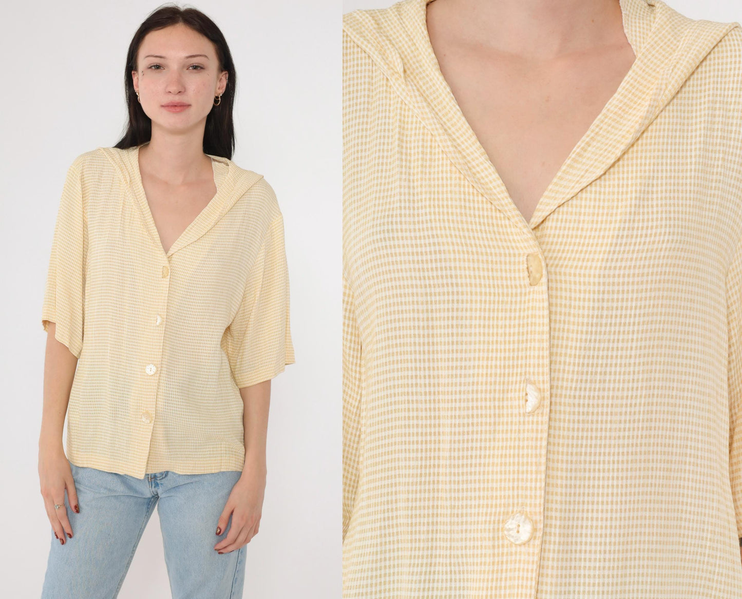 90s Yellow Gingham Sailor Collar Button-Up Blouse Half Sleeve Medium
