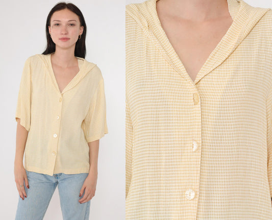 90s Yellow Gingham Sailor Collar Button-Up Blouse Half Sleeve Medium