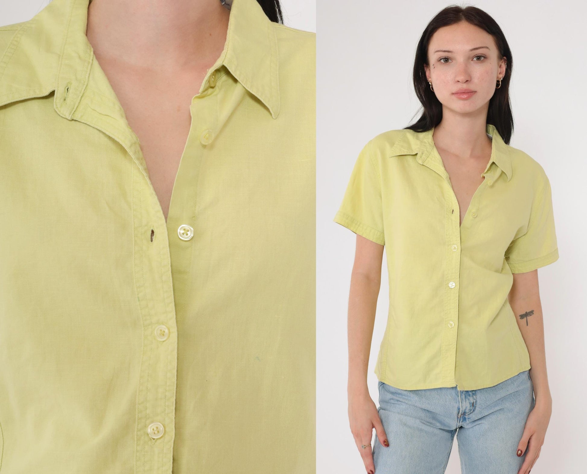 90s Bill Blass Lime Green Linen Blend Button-Up Blouse Short Sleeve Medium