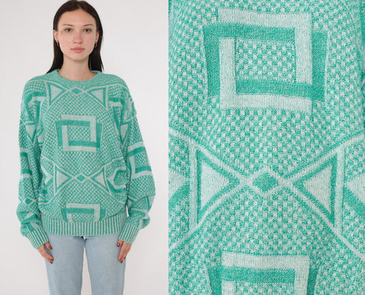 90s Jantzen Geometric Knit Sweater Green White Crewneck Large