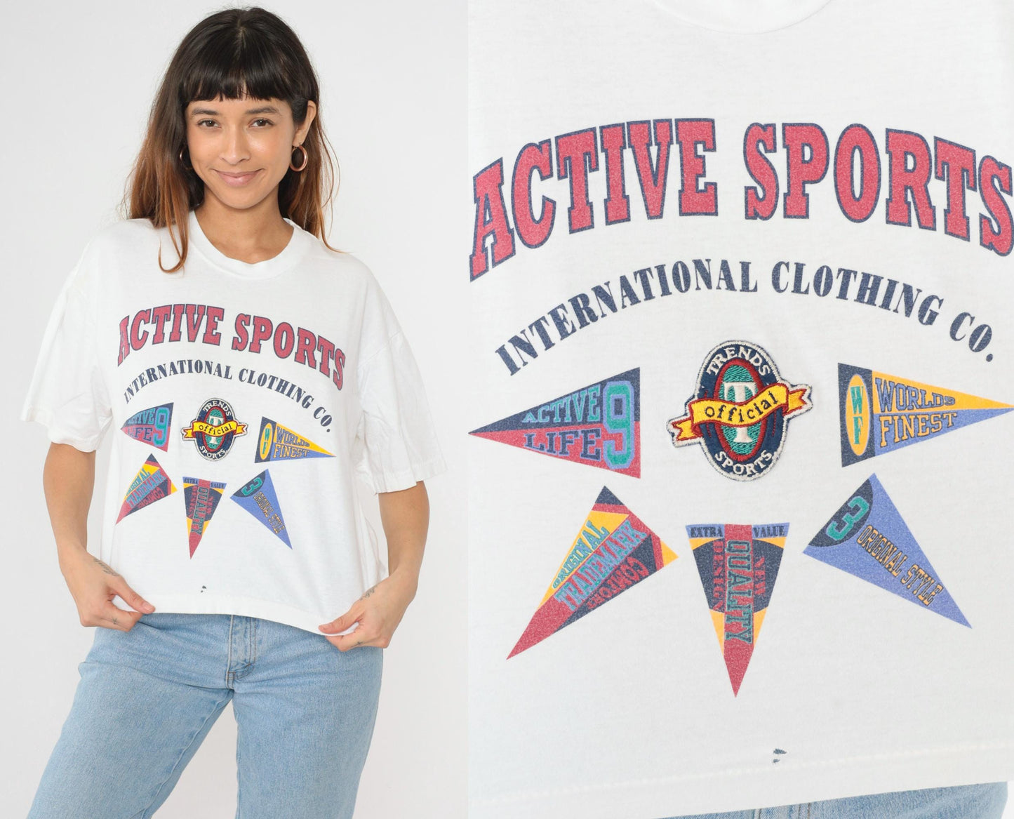 90s Active Sports International Pennant Graphic T-Shirt White Cotton Large